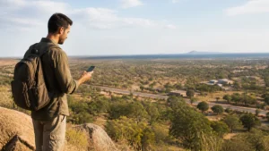 Phone user overlooking open Botswana bushland.