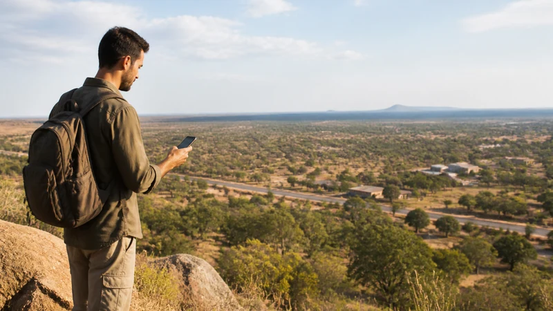 Phone user overlooking open Botswana bushland.
