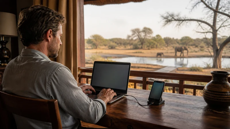 Laptop connected to a phone hotspot at a lodge.