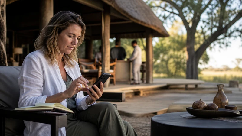 Traveller troubleshooting a phone outside a Botswana lodge.