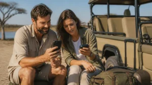 Couple comparing phone tethering with a pocket router.