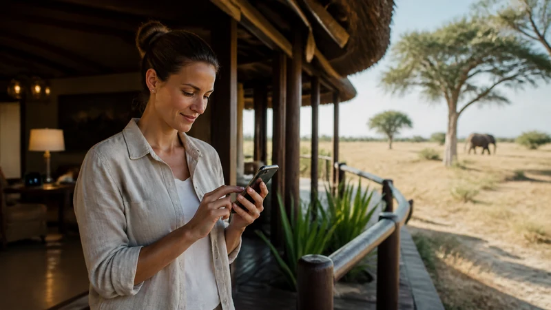 Traveller outside a safari lodge using mobile data.
