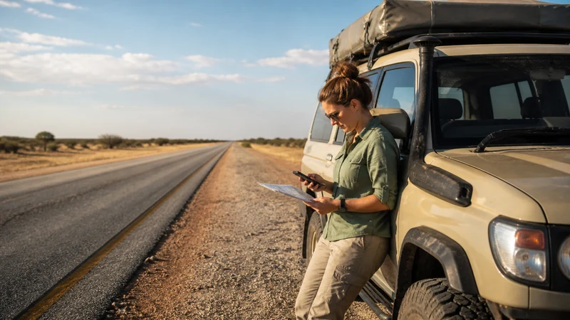Road-trip vehicle on a long Botswana highway.