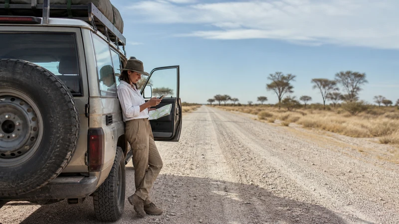 Vehicle on a remote Botswana road with phone and offline map.