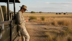 Safari traveller using phone beside vehicle.