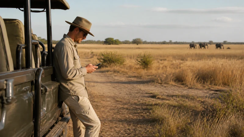 Safari traveller using phone beside vehicle.