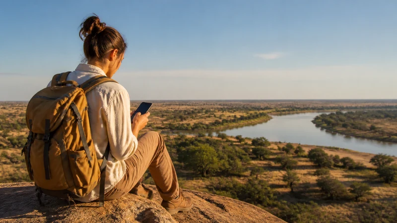 Solo traveller using phone at a Botswana viewpoint.