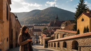 Traveller using a smartphone during internet in brașov for tourists in Romania.