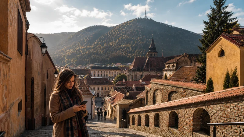 Traveller using a smartphone during internet in brașov for tourists in Romania.