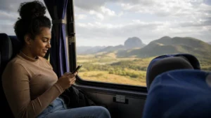 Traveller using a smartphone in Brazil for brazil bus travel internet