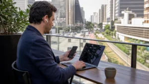 Traveller using a smartphone in Brazil for brazil business travel internet