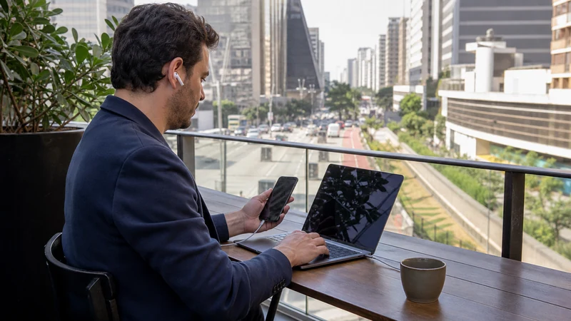 Traveller using a smartphone in Brazil for brazil business travel internet