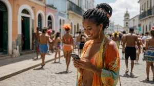 Traveller using a smartphone in Brazil for brazil carnival mobile internet