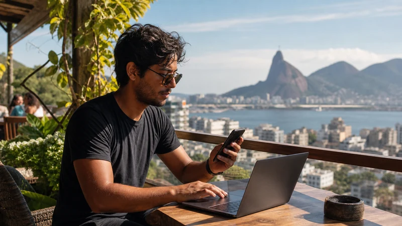 Traveller using a smartphone in Brazil for brazil digital nomad internet