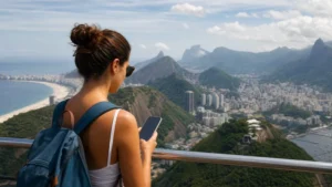 Traveller using a smartphone in Brazil for brazil esim coverage