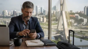 Traveller using a smartphone in Brazil for brazil esim dual sim