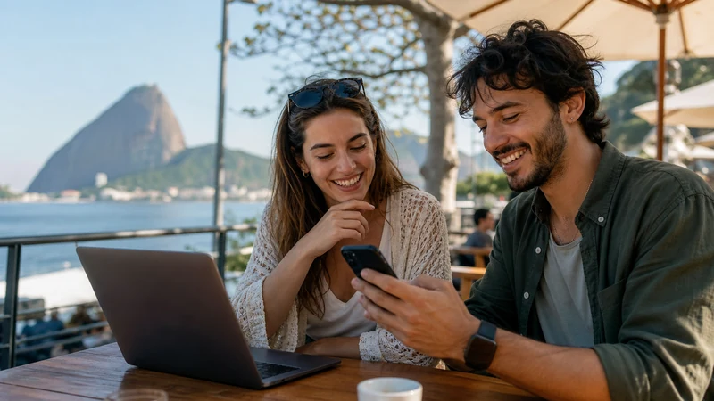 Traveller using a smartphone in Brazil for brazil esim hotspot