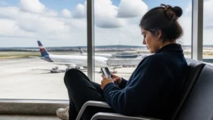 Traveller using a smartphone in Brazil for brazil esim sao paulo stopover
