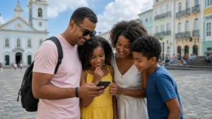 Traveller using a smartphone in Brazil for brazil family travel internet