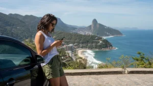 Traveller using a smartphone in Brazil for brazil road trip mobile internet