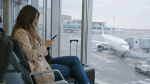 Traveller using a smartphone during bucharest airport wifi and mobile internet guide in Romania.