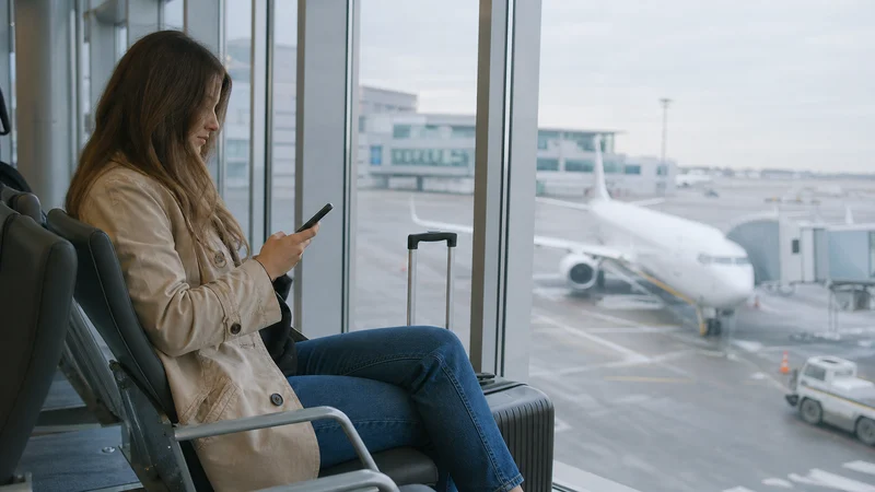 Traveller using a smartphone during bucharest airport wifi and mobile internet guide in Romania.
