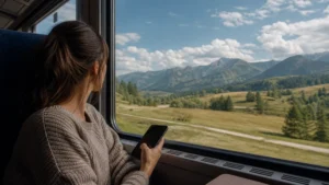 Traveller using a smartphone during bucharest to brașov mobile internet in Romania.
