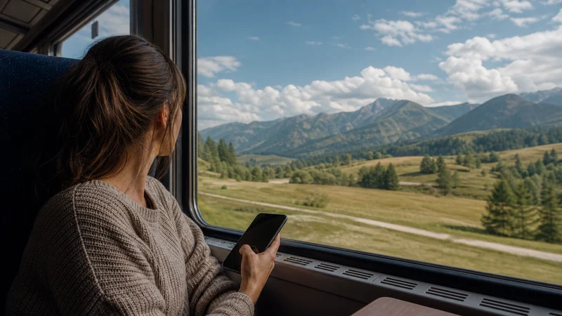 Traveller using a smartphone during bucharest to brașov mobile internet in Romania.