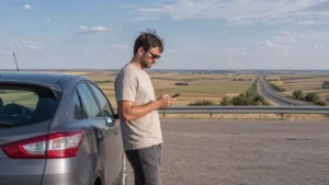 Traveller using a smartphone during bucharest to constanța mobile internet in Romania.