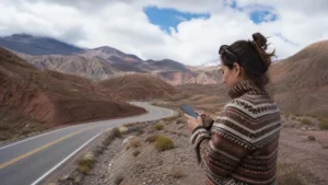 Traveller using a smartphone in Argentina for mobile data on the journey from buenos aires to bariloche