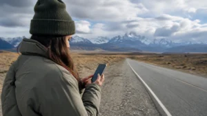 Traveller using a smartphone in Argentina for staying online from buenos aires to mendoza