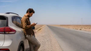 Traveller checking a smartphone on the Bukhara to Khiva road