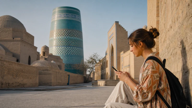 Traveller using a smartphone in historic Bukhara