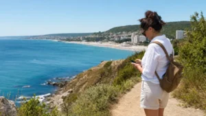 Traveller checking a smartphone above Bulgaria’s Black Sea coast