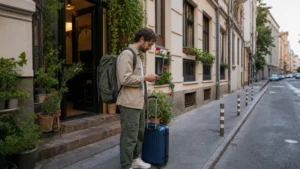 Backpacker checking a smartphone outside a hostel in Bulgaria
