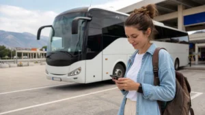 Traveller checking a smartphone beside an intercity coach in Bulgaria