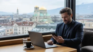 Business traveller using a laptop and smartphone overlooking Sofia