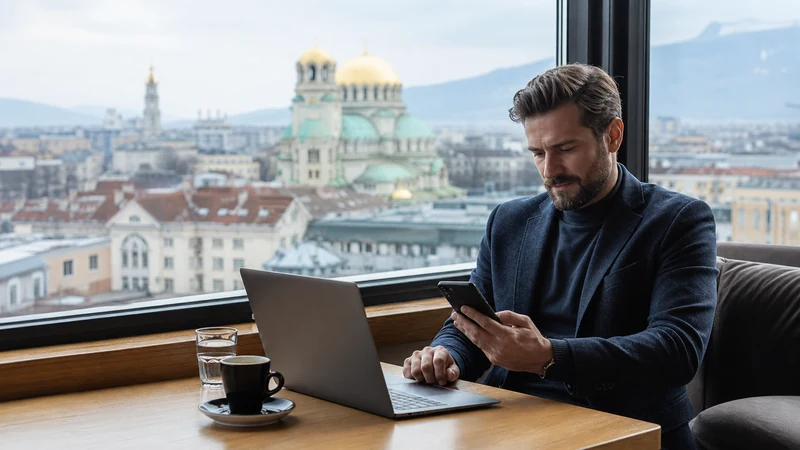 Business traveller using a laptop and smartphone overlooking Sofia