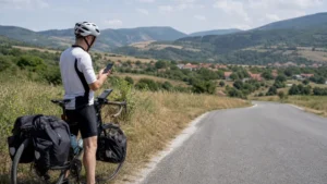 Cyclist checking a smartphone beside a bicycle in Bulgaria