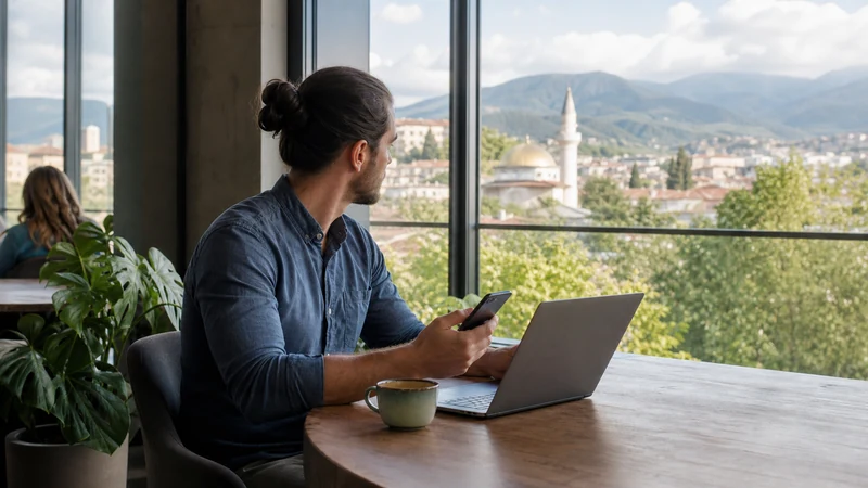 Remote worker using a laptop and smartphone in a Bulgarian mountain town