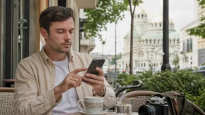Traveller adjusting mobile network settings in central Sofia