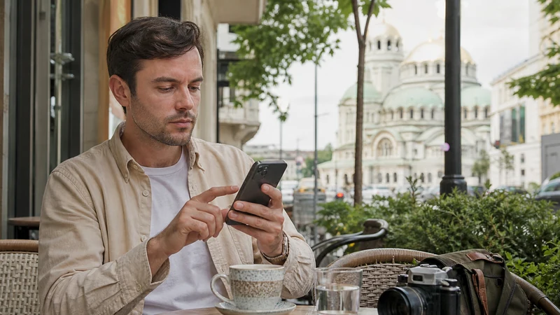 Traveller adjusting mobile network settings in central Sofia