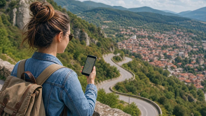 Traveller using smartphone navigation on a Bulgarian mountain route