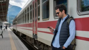 Rail traveller using a smartphone during a multi-city trip in Bulgaria