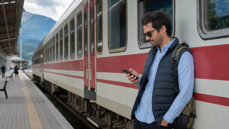 Rail traveller using a smartphone during a multi-city trip in Bulgaria