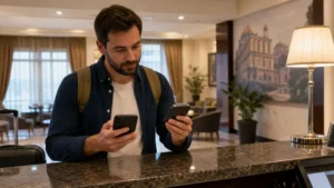 Traveller comparing a smartphone and pocket WiFi device in Bulgaria