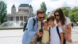 Family using a smartphone together in a Bulgarian city square
