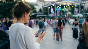 Festival visitor checking a smartphone near an outdoor event in Bulgaria