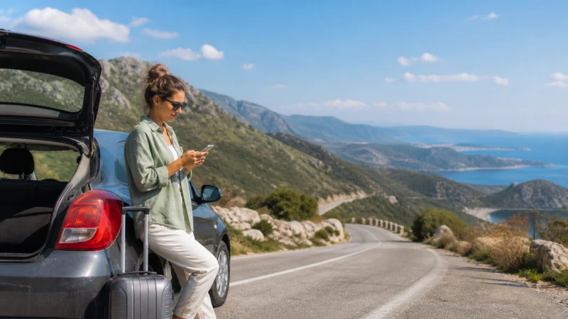 Road traveller checking mobile data on a mountain route towards the Aegean coast.