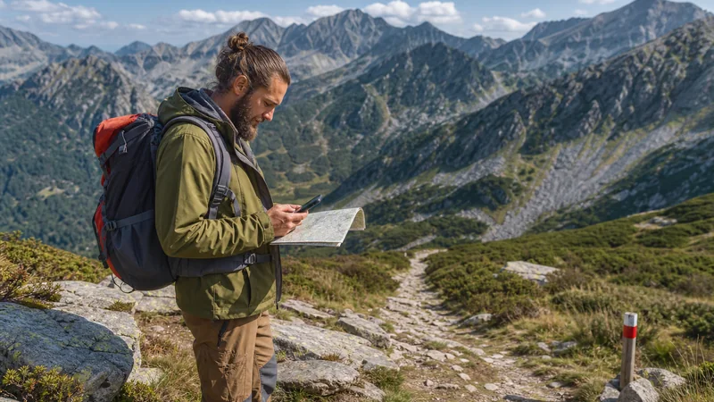 Hiker consulting a smartphone on a Bulgarian mountain trail